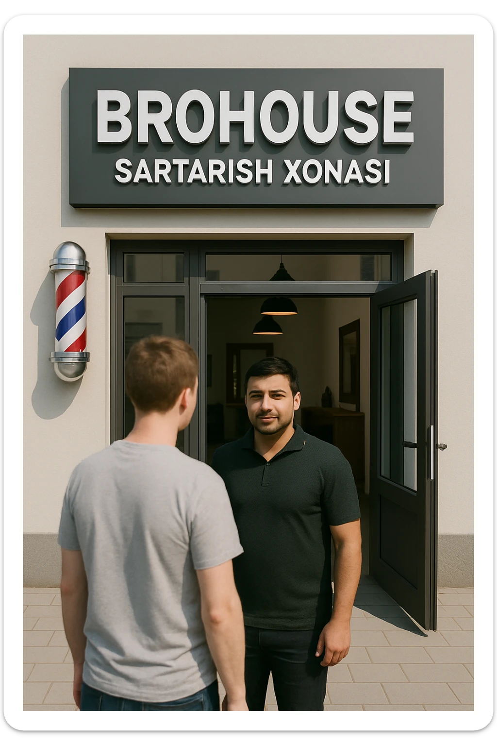 eni shu rasimga manashu odamga uxhshasin sartaosh eshik oldida tursin va tashqarida esa mijoz sticker