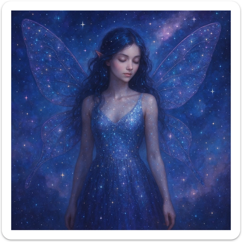 cosmic fairy with starry wings, shimmering dress, galaxy background, dreamy ethereal style sticker