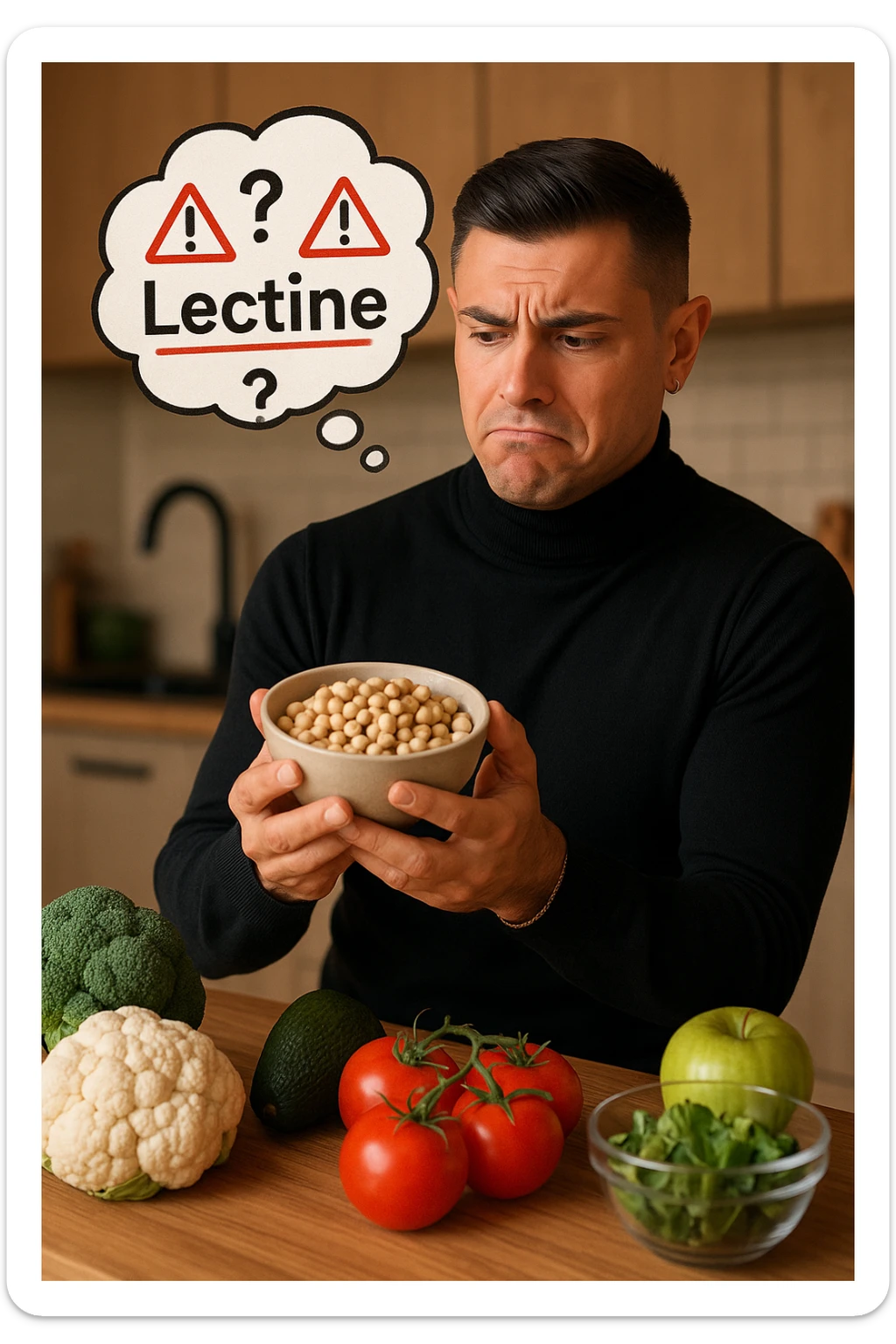 un uomo in cucina tiene in mano una ciotola di legumi (come fagioli o ceci) e li osserva con un’espressione dubbiosa e leggermente preoccupata. Sopra la ciotola, una nuvoletta di pensiero mostra la parola “Lectine” evidenziata in rosso, insieme a simboli di allarme o punti interrogativi. Sullo sfondo, altri alimenti salutari sono visibili sul tavolo, sottolineando il suo scetticismo verso i legumi. sticker