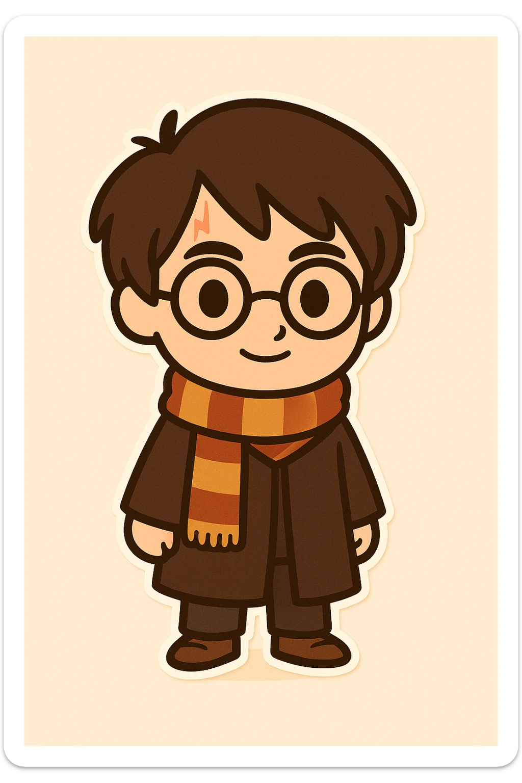 Full body illustration of Harry Potter in a cute, cartoon, simplified style similar to the previous image. Features include dark brown hair, round glasses, scar on forehead, striped scarf, Hogwarts robe, friendly expression, no wand, with bold black lines and soft colors. sticker