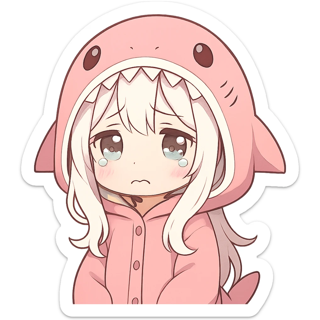 cute anime style girl with white hair wearing a pink shark onesie, very cute sad expression sticker