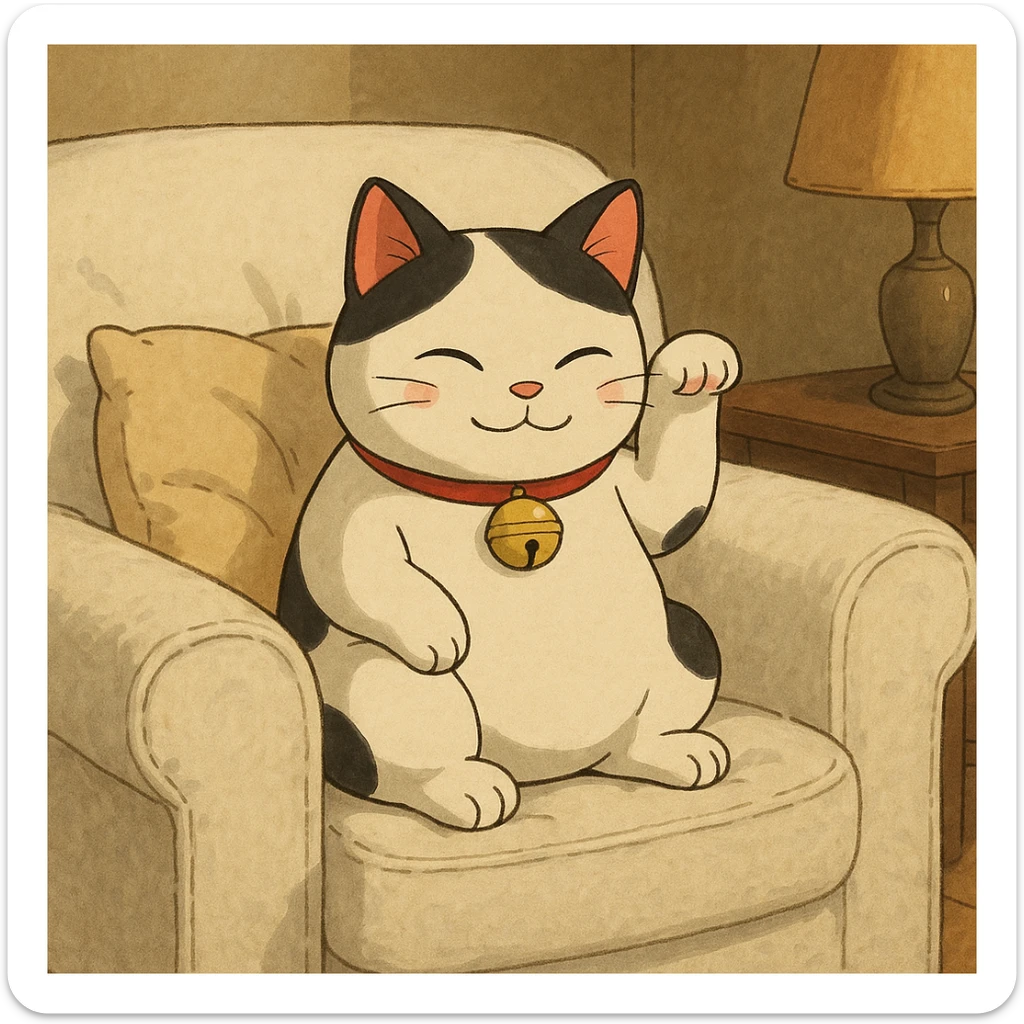 White and black Chinese lucky cat on a cozy white armchair  sticker