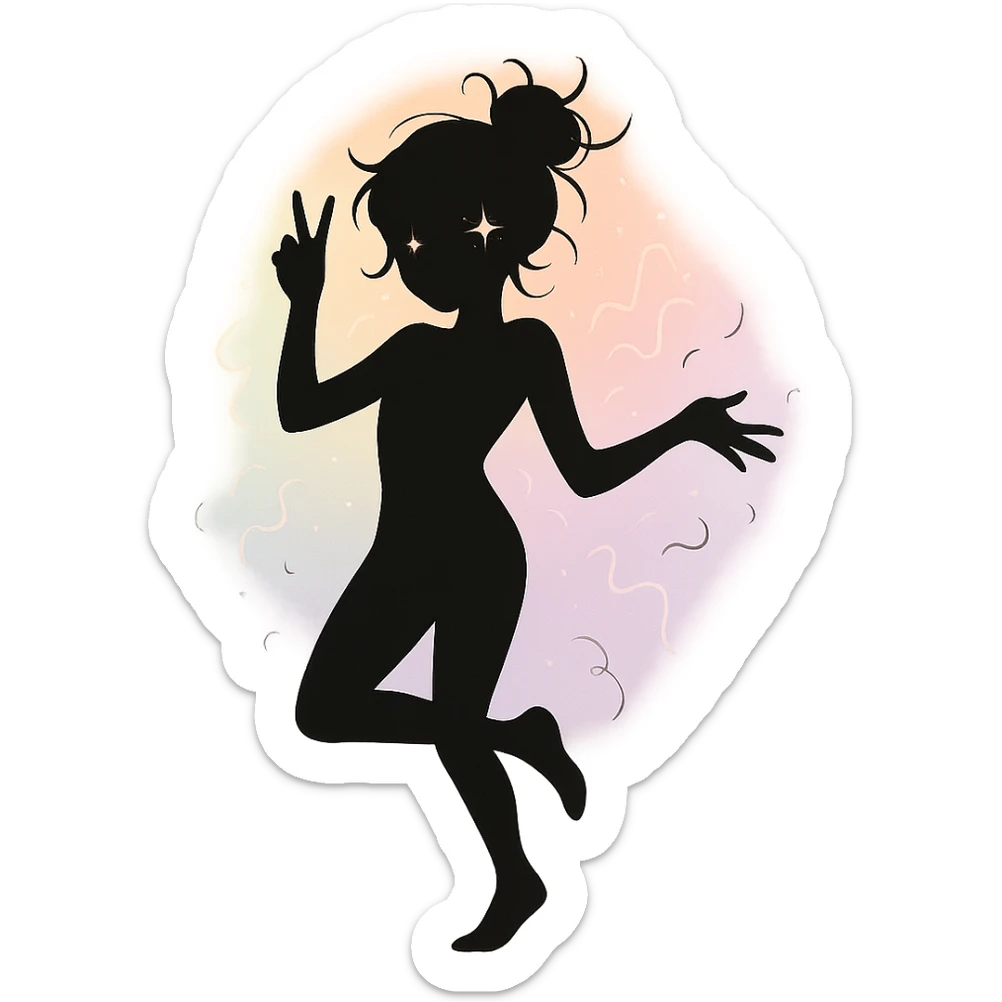 minimalist silhouette of a radiant, delicate figure with a soft pastel aura, a hint of sparkle in the eyes, and a graceful pose, exuding carefree charm and playful chaos sticker