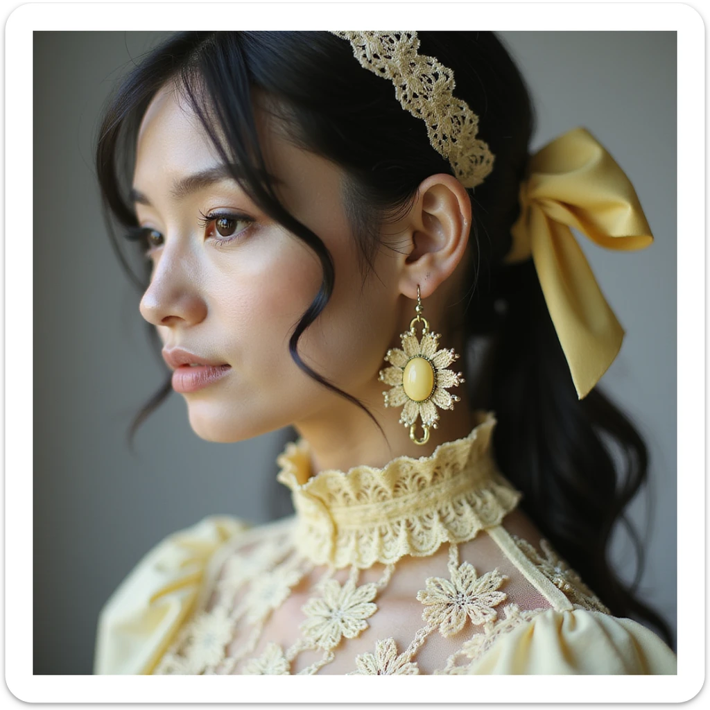 pastel yellow gothic bow and matching earrings, lace and velvet details, photorealistic style, transparent background, variation 1 sticker