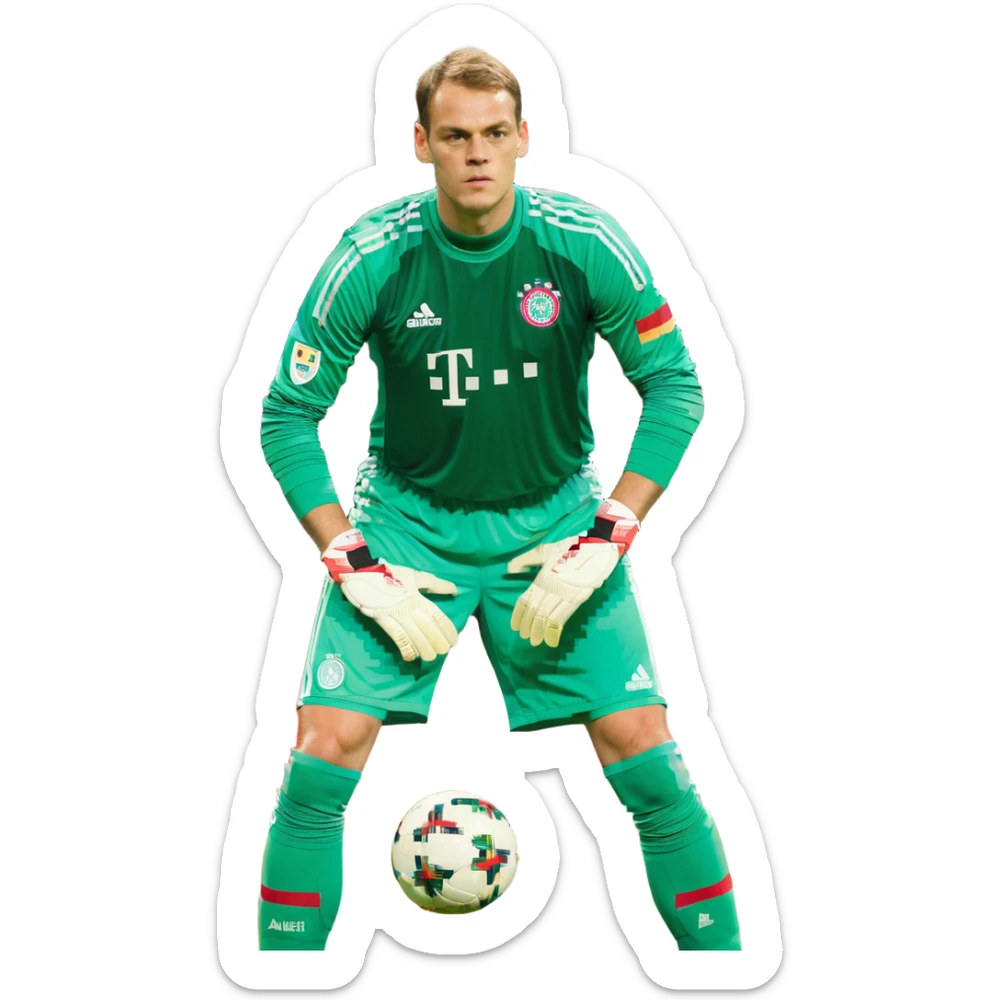 Manuel Neuer, classic goalkeeper stance, green kit, gloves, short hair sticker