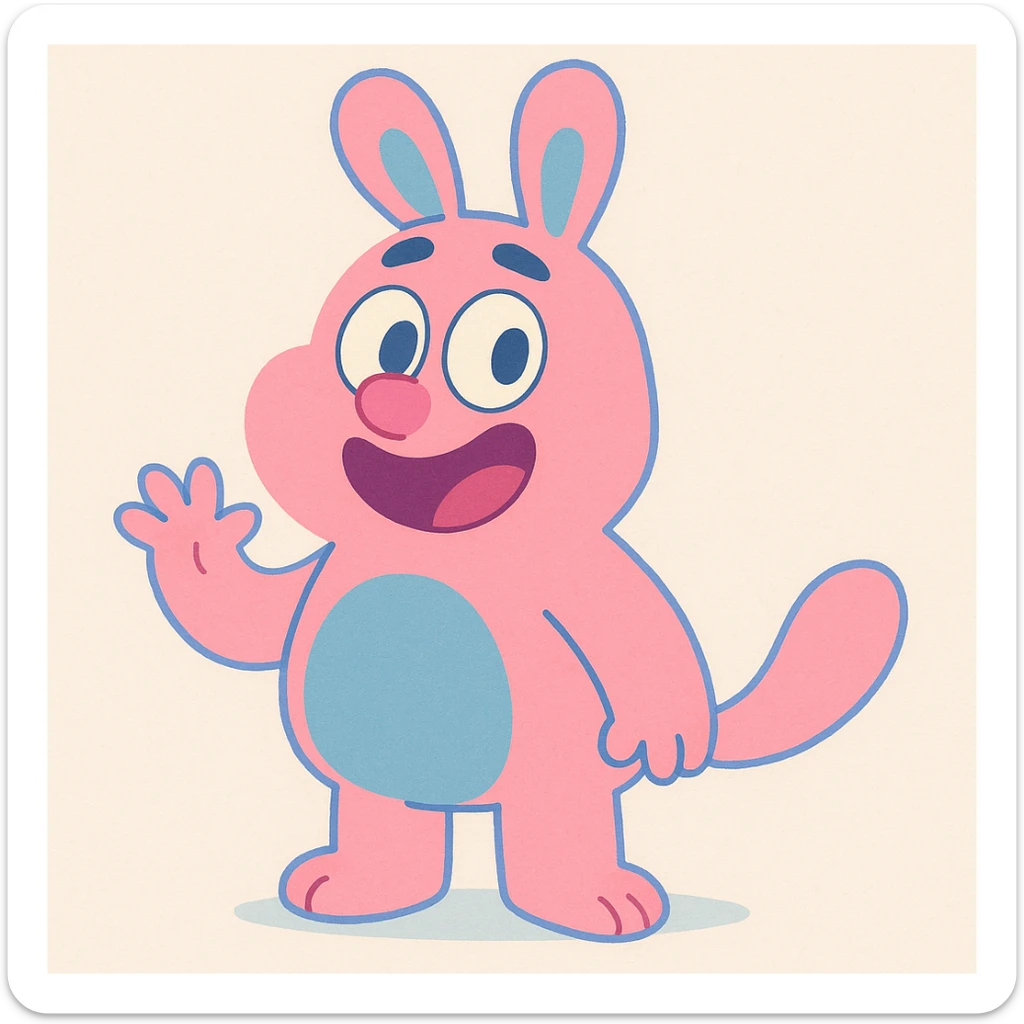 friendly animal in pastel pink and blue, calArts 2010s cartoon style sticker