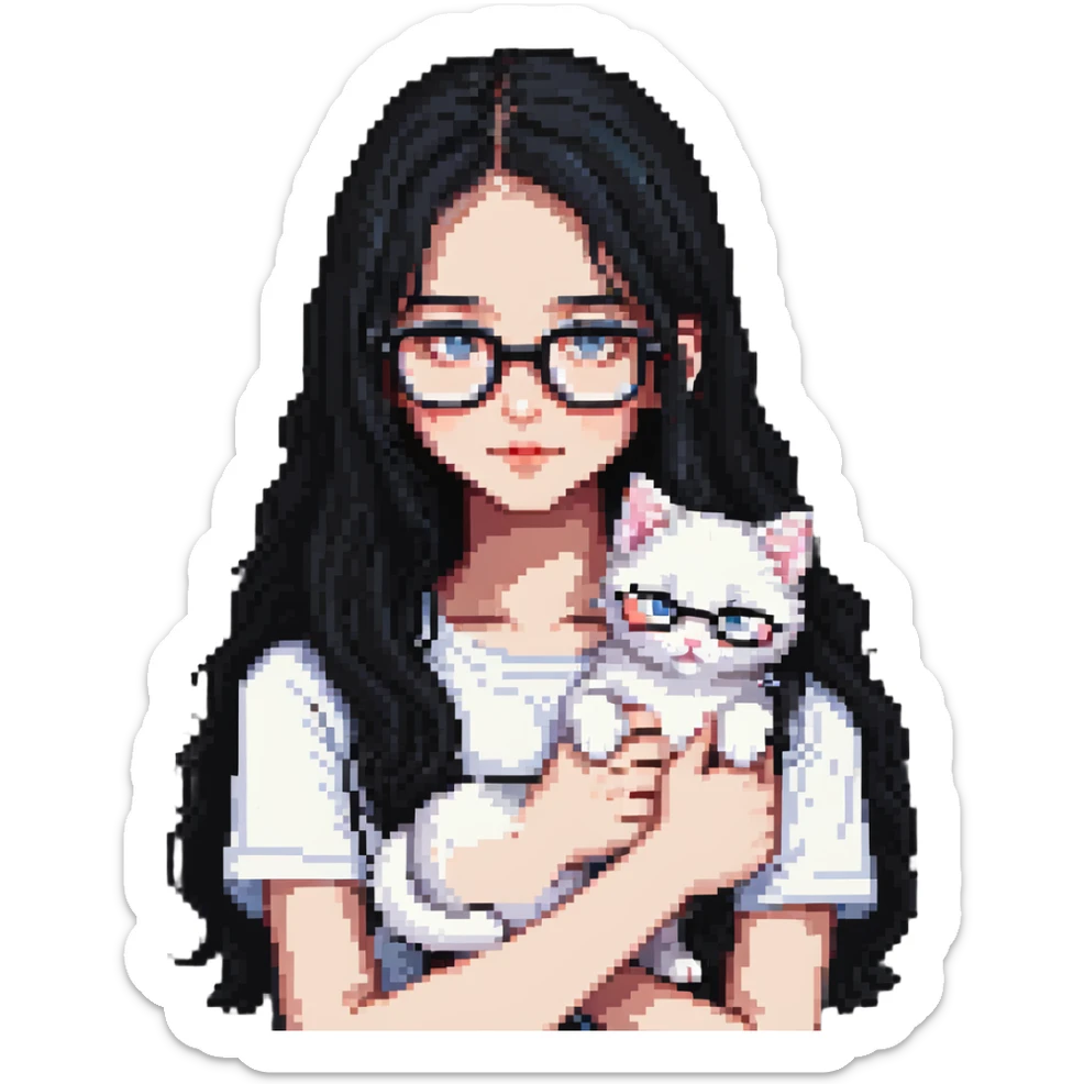 Beautiful girl with long black hair and glasses holding a white kitten sticker