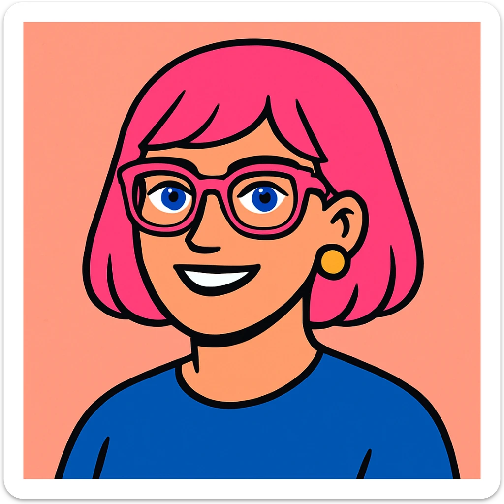 Make her look younger, no fringe on the pink bob haircut, add pink glasses and blue eyes, keep pink salt background, vibrant toon style sticker