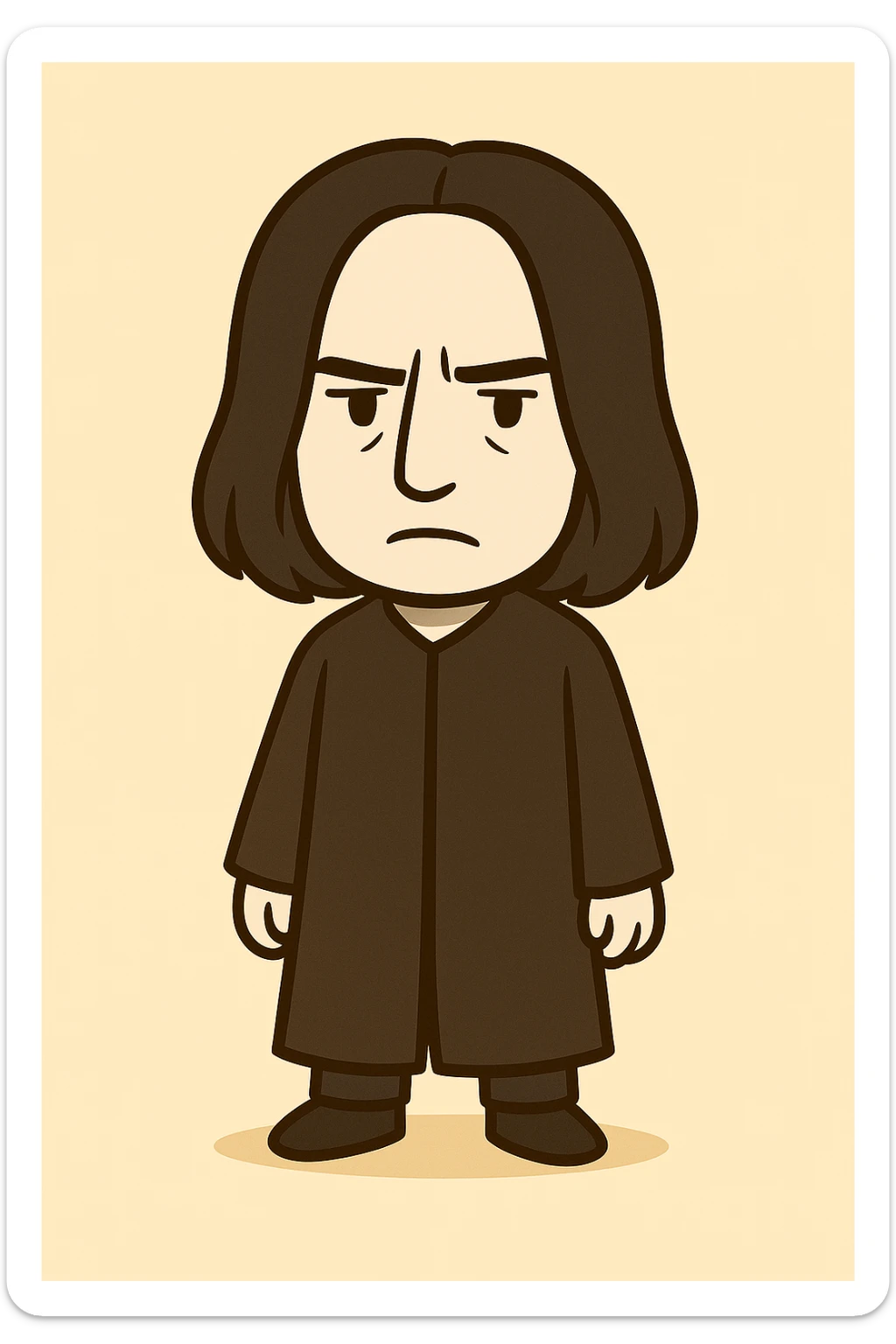 Full body illustration of Severus Snape in a cute, cartoon, simplified style similar to the Voldemort example. Features include long straight black hair, serious expression, long black robe, with strong black lines and soft colors. sticker