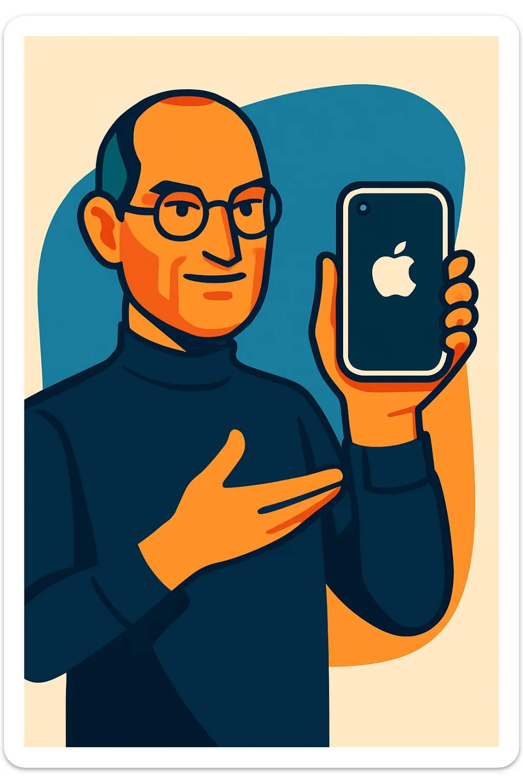 Add a modern style Apple logo to the iPhone Steve Jobs is holding, maintaining the modern illustration style of the image. sticker