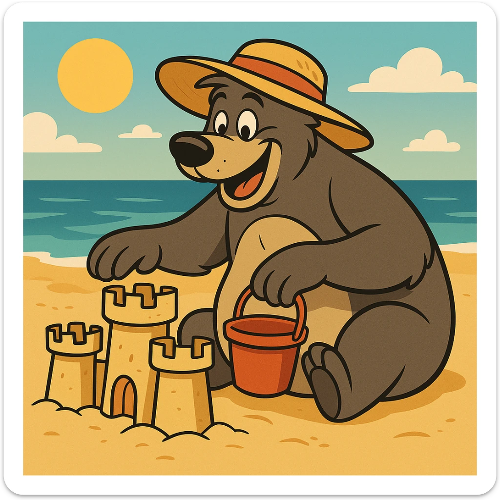 Add a sunhat to Baloo the bear while he builds a sandcastle on the beach, preserving the playful flat toon cartoon style with bright colors and fun atmosphere. sticker