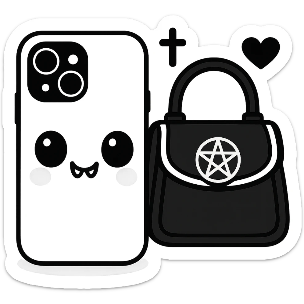 Change the color scheme to white and black, gothic kawaii phone case, big eyes, smiling, playful, cartoonish, gothic symbols, pastel toon style, no background. sticker