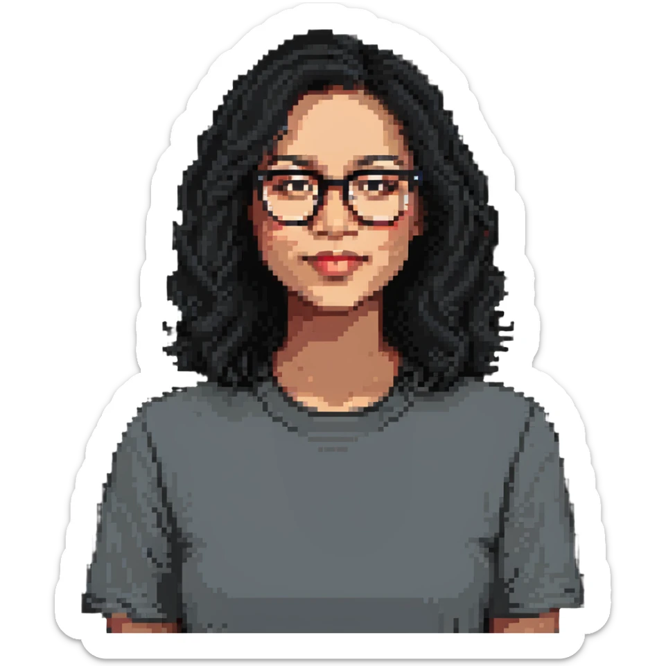 female teacher with semi-wavy black hair, light skin tone, wearing glasses sticker