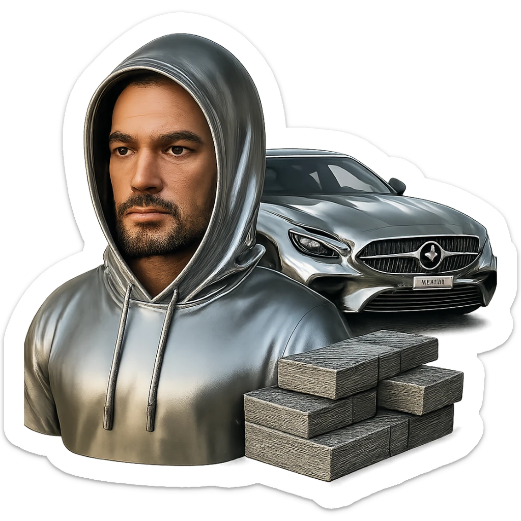 Make only the Indian man's hoodie chrome, keeping his skin and face natural. Add a goatee to the man. Include money on the side and a chrome AMG car in the scene. Keep the background transparent. sticker