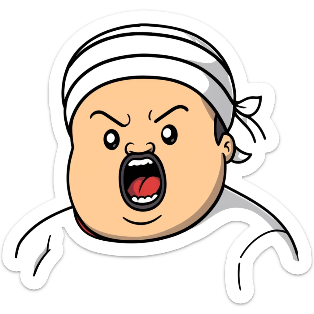 Super extreme tight close-up of just the face of morbidly obese white skin guy with young face, prominent BLACK DURAG tied clearly on head, black beard but no mustache, clean shaven upper lip, black eyes, mouth wide open screaming angrily sticker