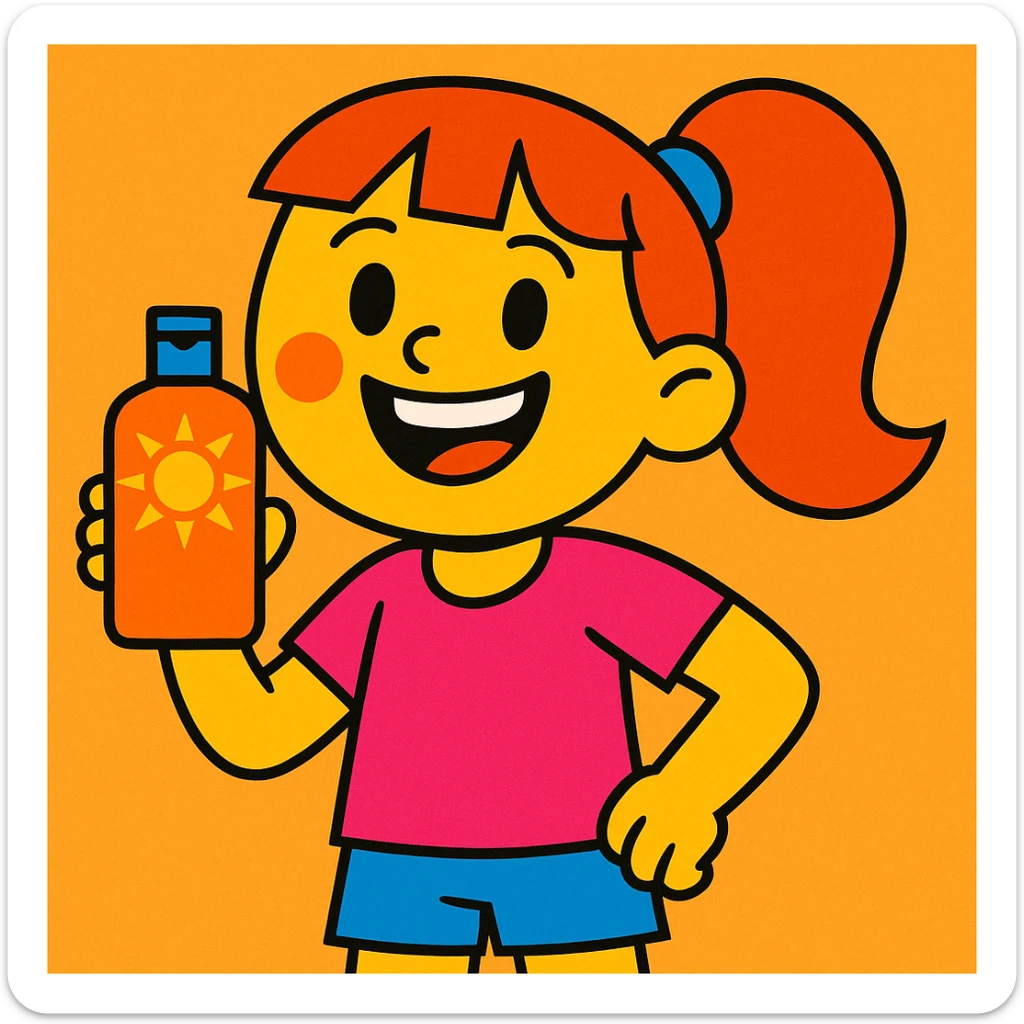 bright cartoon style of a girl holding a bottle of sunscreen and smiling sticker