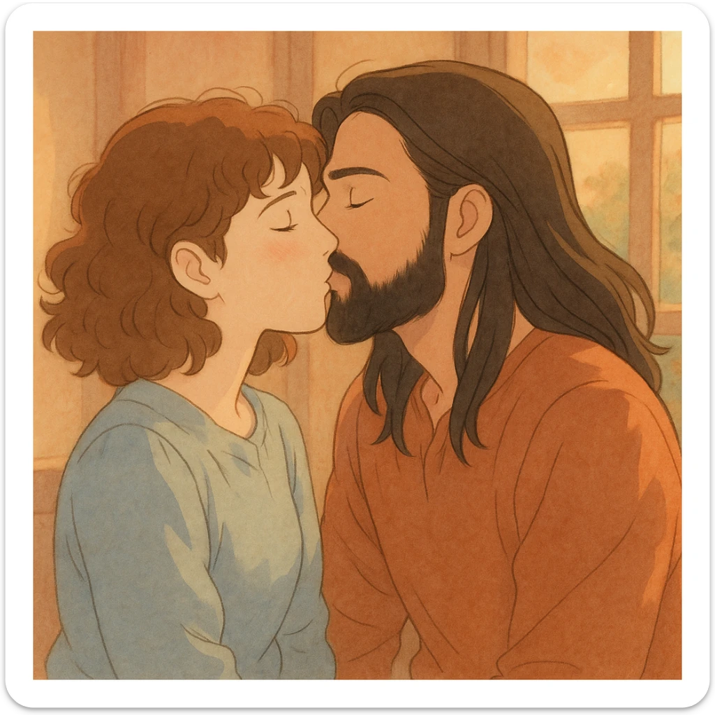ghibli style of a white woman with curly brown hair and a white man with long hair and black beard kissing, warm light sticker