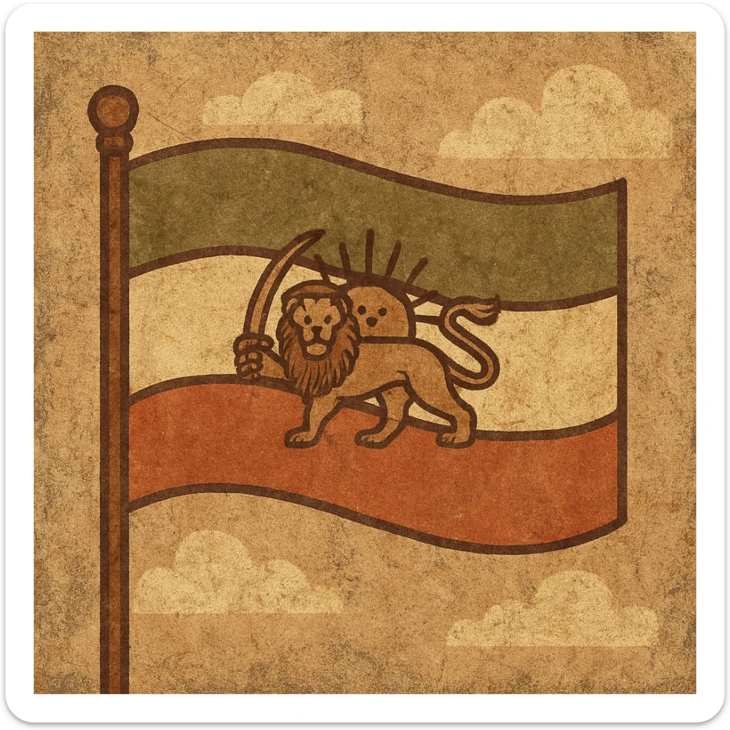 Add a grunge texture overlay to the Pahlavi flag of Iran, preserving the vintage look and ensuring the lion and sun emblem remain clearly visible. Maintain the flag's original colors and aged appearance with a subtle distressed effect. sticker