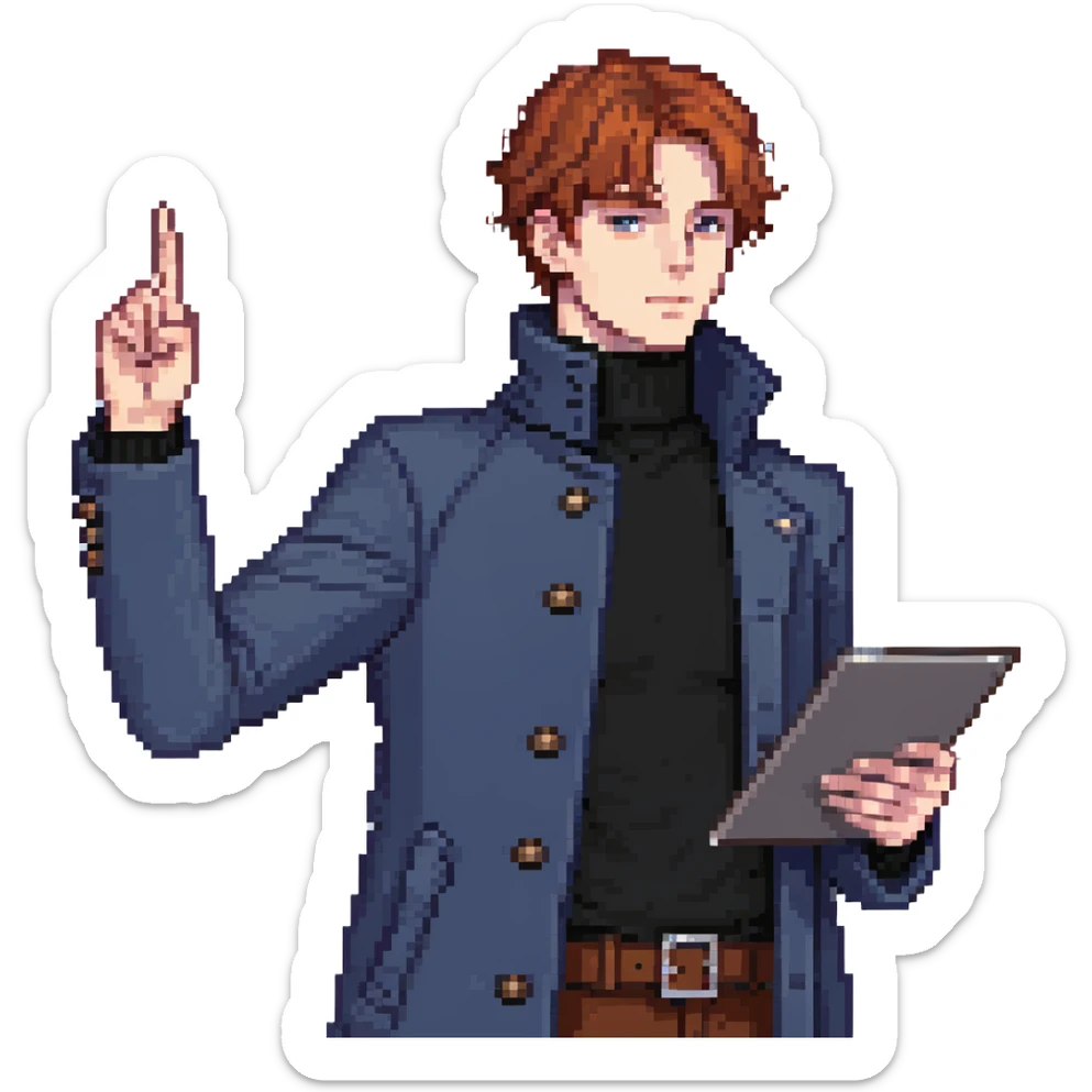 Flat pixel art, bold and charismatic male leader, Caucasian, short auburn hair, sharp eyes, indigo coat over black turtleneck, one arm raised pointing out, holding tablet, waist-up, front-facing sticker