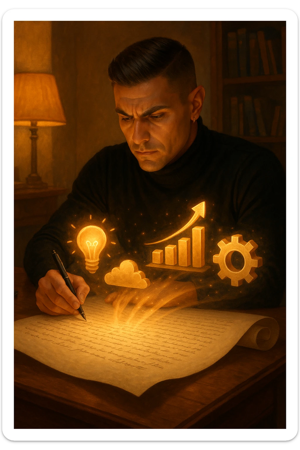 Un uomo concentrato, seduto alla sua scrivania in una stanza con luce calda, sta scrivendo su un enorme foglio di carta che si espande magicamente davanti a lui. Mentre scrive, le parole si trasformano in elementi visivi tridimensionali che rappresentano le soluzioni ai suoi problemi in italiano sticker