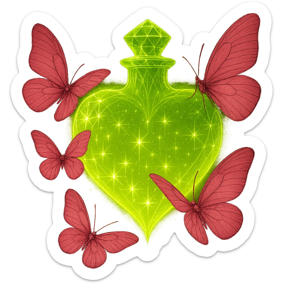 Refine the glow so it stays close to the bottle and butterflies, making it look magical and luxurious but not spreading far outside the bottle. The glow should enhance the crystal and liquid effect, avoiding any harsh or messy edges behind the bottle. Keep the crystal neck, #c0ff53 liquid, pink butterflies, magical dust, and transparent background (PNG). sticker
