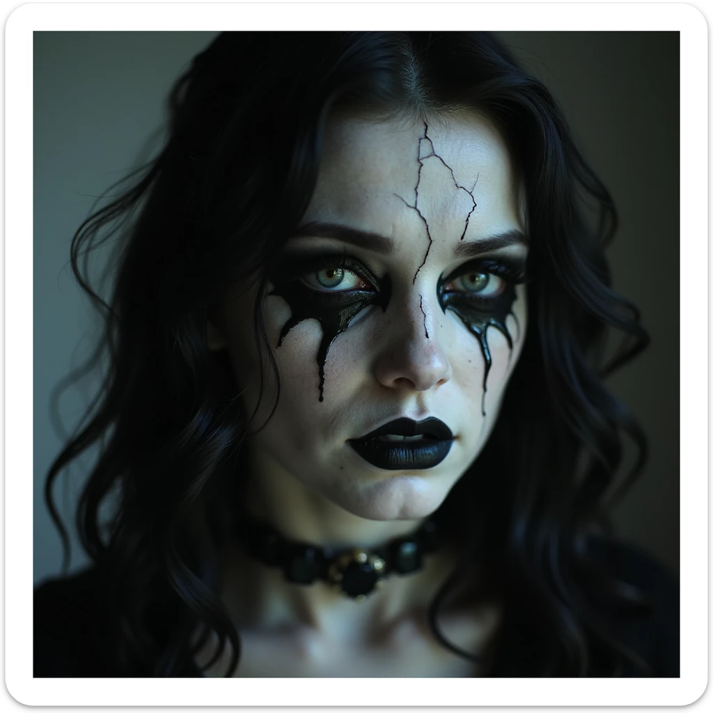 realistic horror portrait of a beautiful scary woman with pale skin, black tears, cracked porcelain effect, gothic jewelry, dramatic lighting sticker