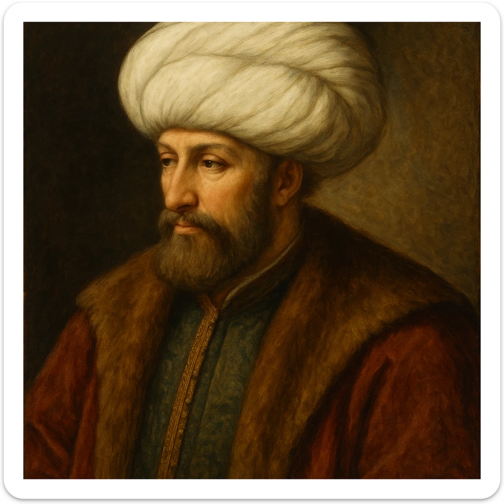 Fatih Sultan Mehmet, Ottoman sultan, wearing a turban and traditional robes, regal and wise expression, historical painting style sticker