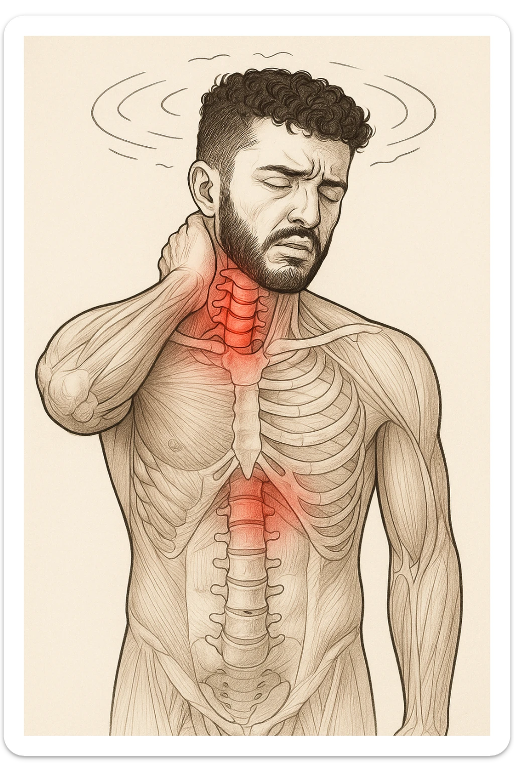 Uomo con dolore per infortunio vista anatomica in piedi con dolori cervicali vertigini e sbandamenti sticker