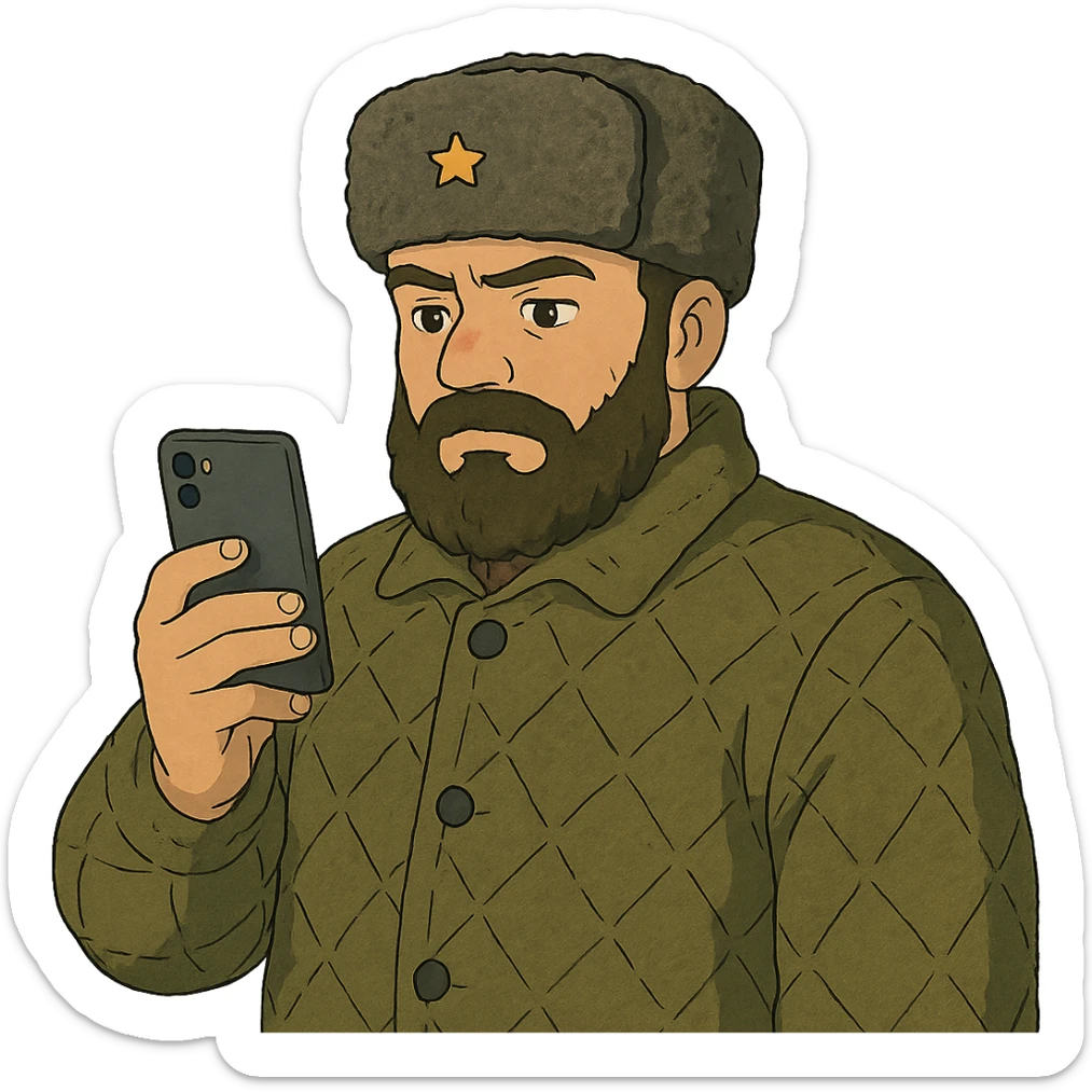 ghibli style illustration of a Russian military blogger in ushanka and vatnik, holding a phone sticker