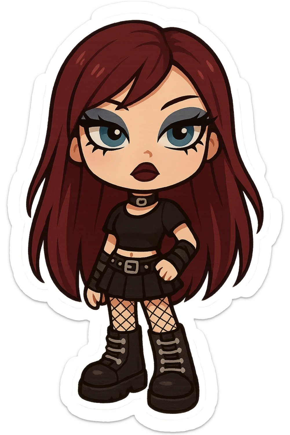 bratz-inspired emo girl, burgundy long hair, pale skin, blue eyes, dramatic eyeliner, alternative fashion, chibi sticker style sticker