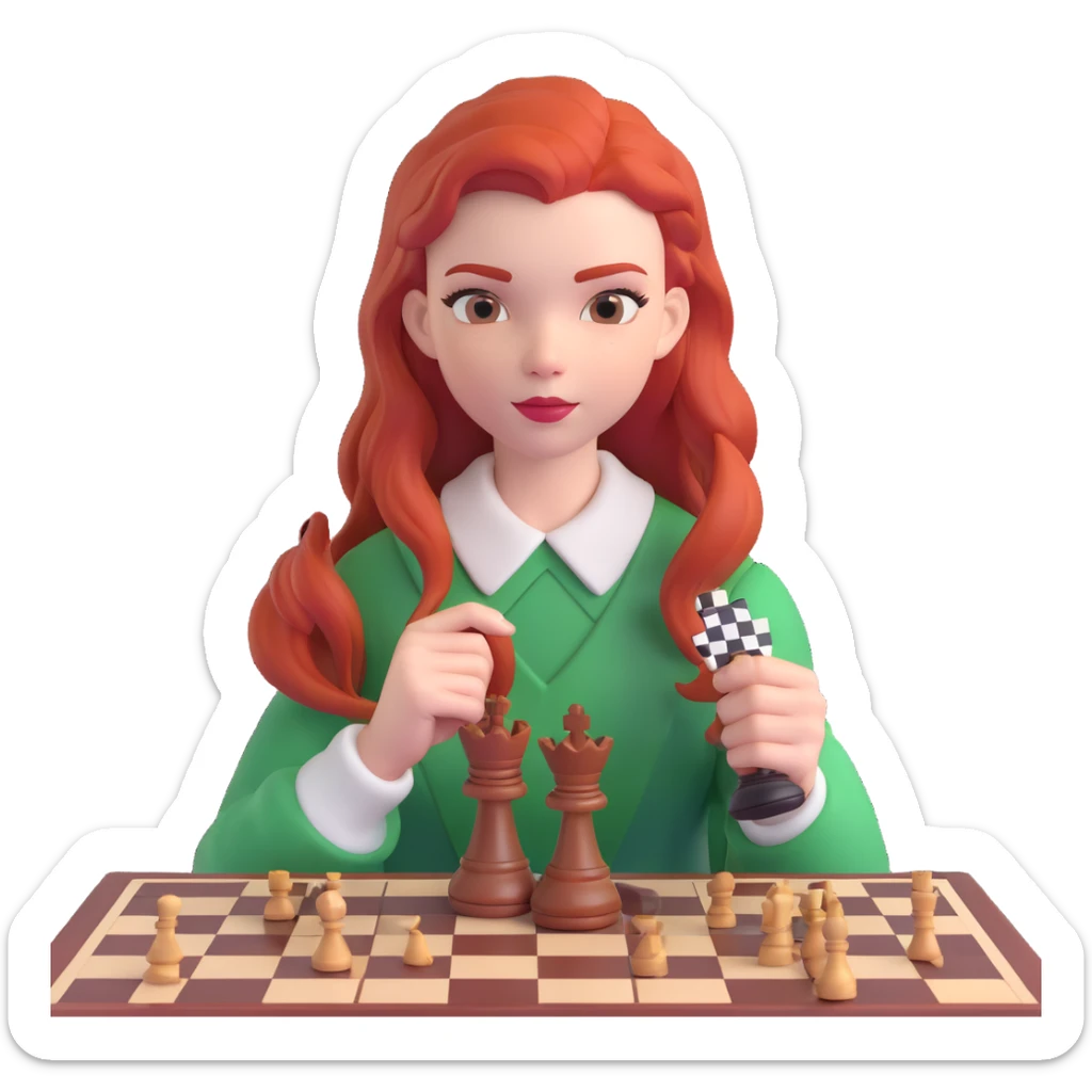 Anya Taylor-Joy from Queen's Gambit, red hair, chessboard, holding a chess piece sticker