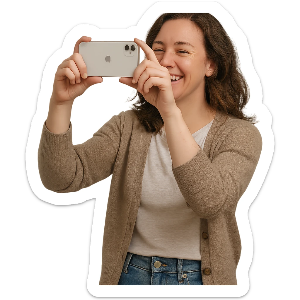 a woman photographing something with an iPhone, candid moment, relaxed outfit, cheerful mood sticker