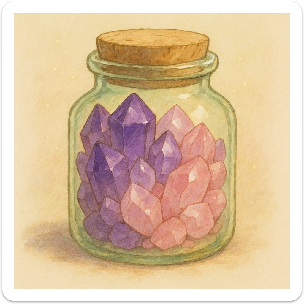 amethyst and rose quartz crystal pieces in a jar, natural colors, soft, fairy-like atmosphere, no background, square size sticker