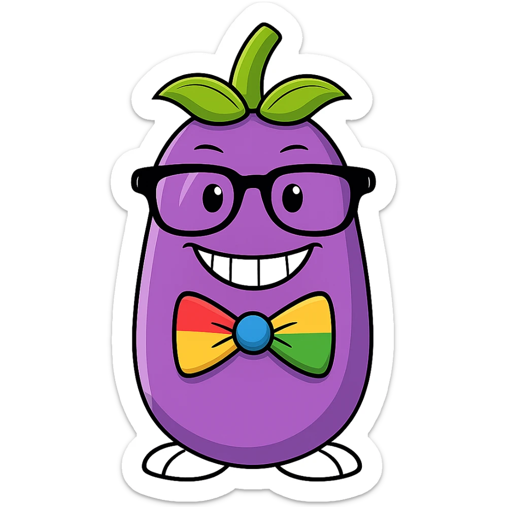 Add a colorful bow tie to the eggplant with nerdy glasses and goofy teeth, keep the background transparent. Maintain the original style and transparent background. sticker