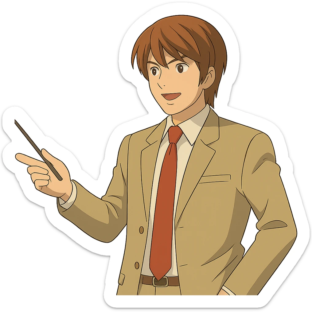 Light Yagami in Ghibli style, standing and pointing a teacher's stick to the left, confident expression, transparent background. sticker