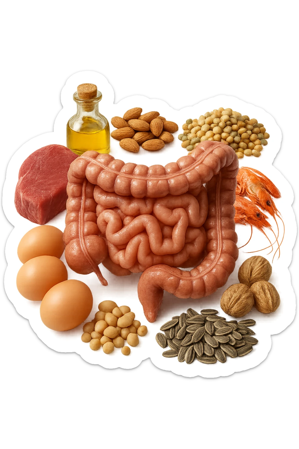 carne, uova, semi oleosi, legumi, crostacei insieme ad INTESTINO umanO realisticO, iperrealistici 4k sticker
