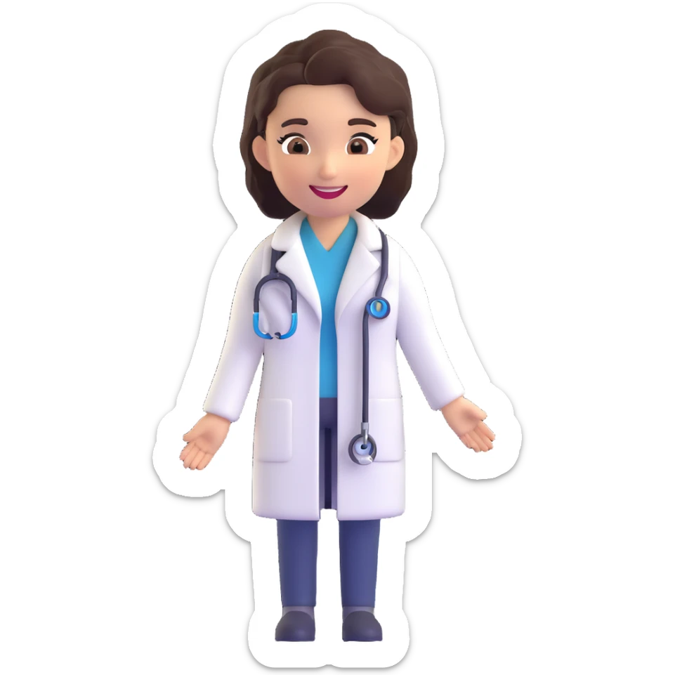 Female doctor with a different hairstyle, 3D emoji style, smiling, wearing a white coat and stethoscope. Maintain the 3D emoji style and friendly medical theme. sticker