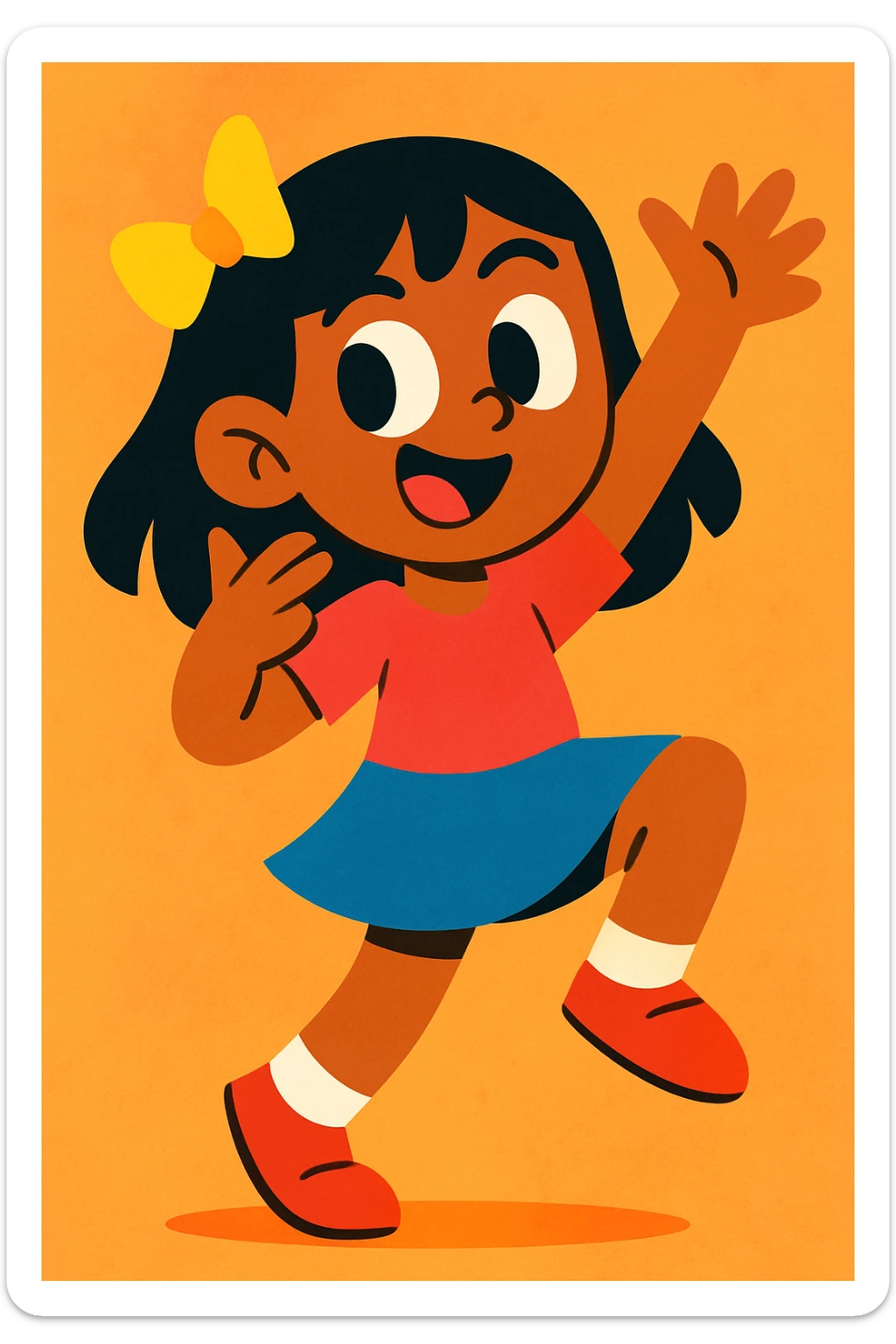 stylized character art of a girl with black straight hair and light brown skin, playful pose, vibrant colors sticker