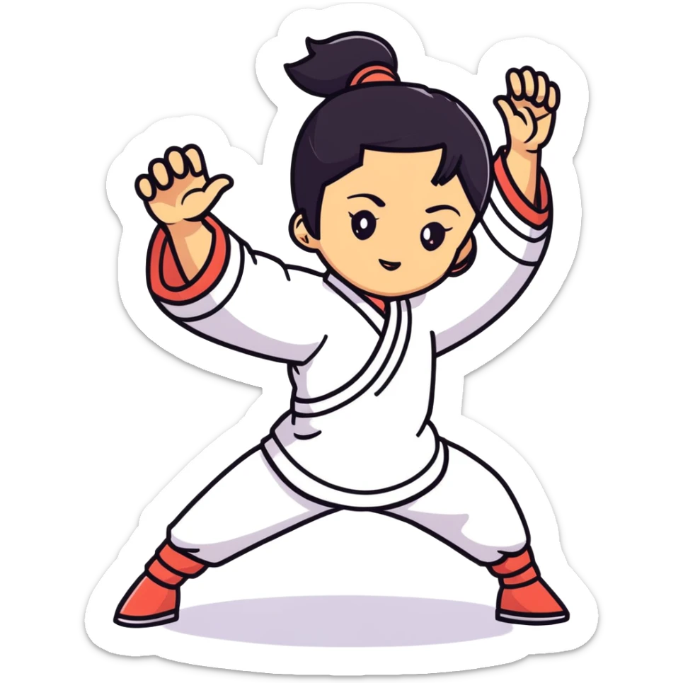 lightskin young girl with black straight hair and dark eyes, taichi, soft pastel background sticker