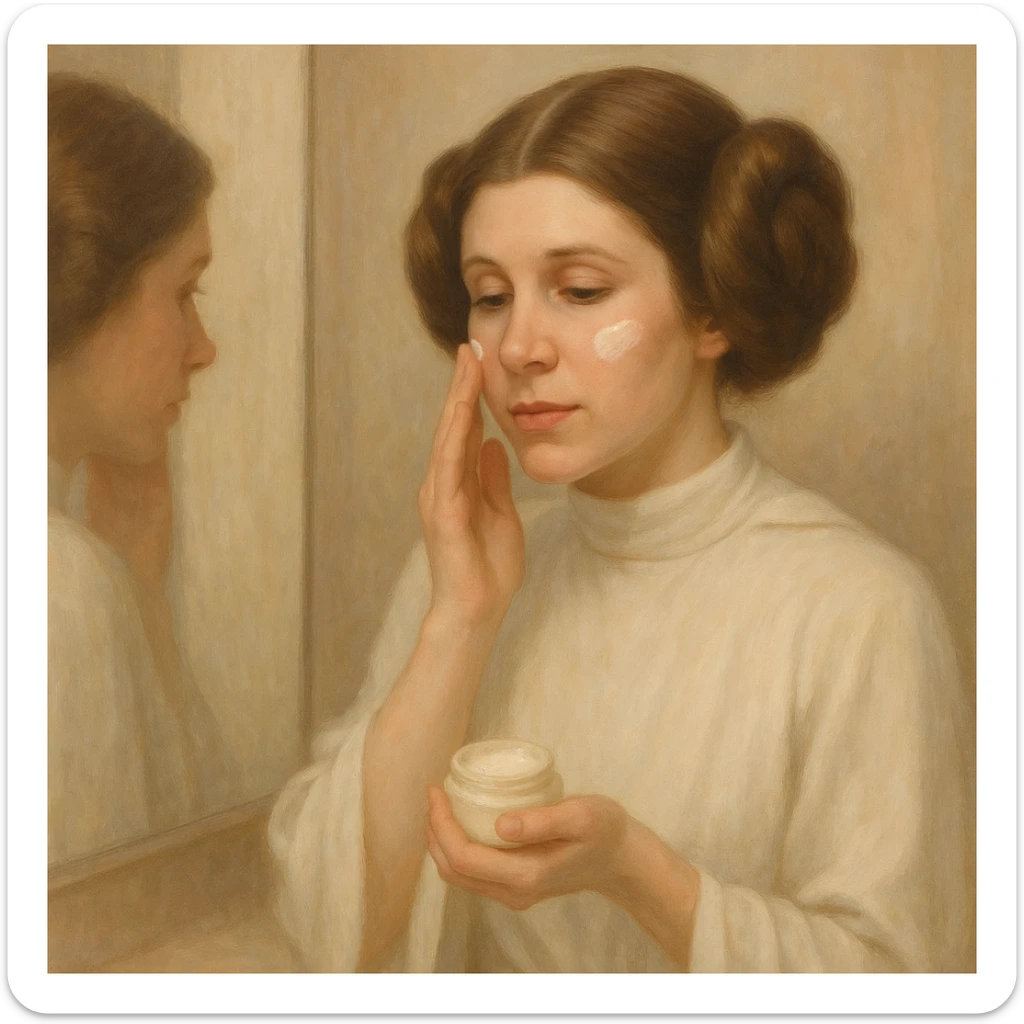 Princess Leia from Star Wars applying face cream in front of a mirror, soft lighting, gentle colors sticker