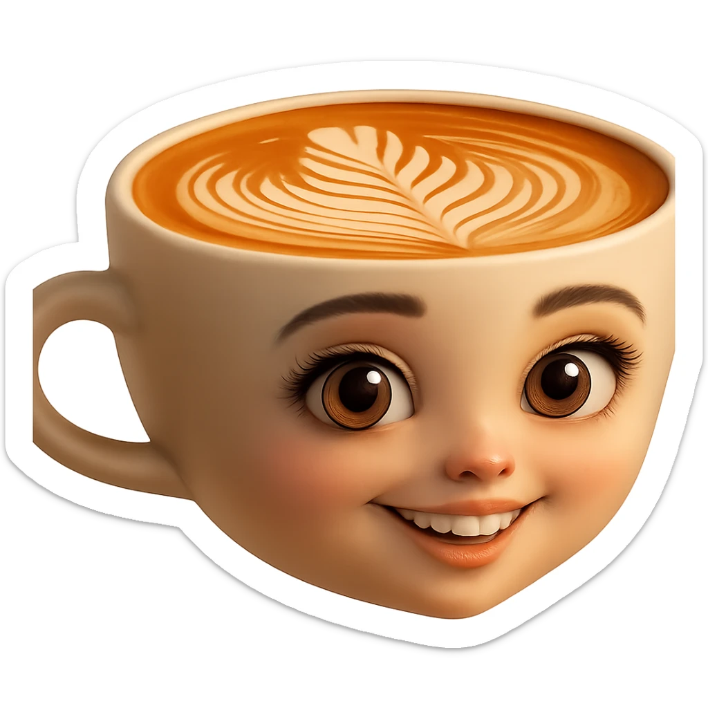 Edita la imagen para que el personaje de la taza de café  MANTENGA exactamente su estilo original,  y colores según la imagen de referencia. ELIMINA FONDO PARA QUE QUEDE TIPO EMOJI NO DBE TENER CUELLO.EL AZA O MANGA DE LA TAZA  DEBE SER COMPLETAMENTE VISIBLE sticker