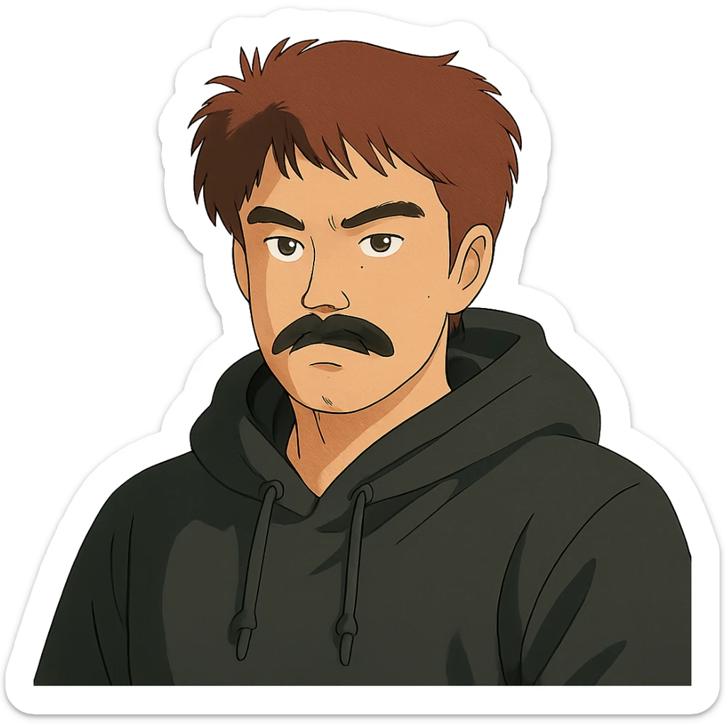 Asian man with black mustache, red hair, wearing a black hoodie, in 80's Japanese cyberpunk anime style sticker