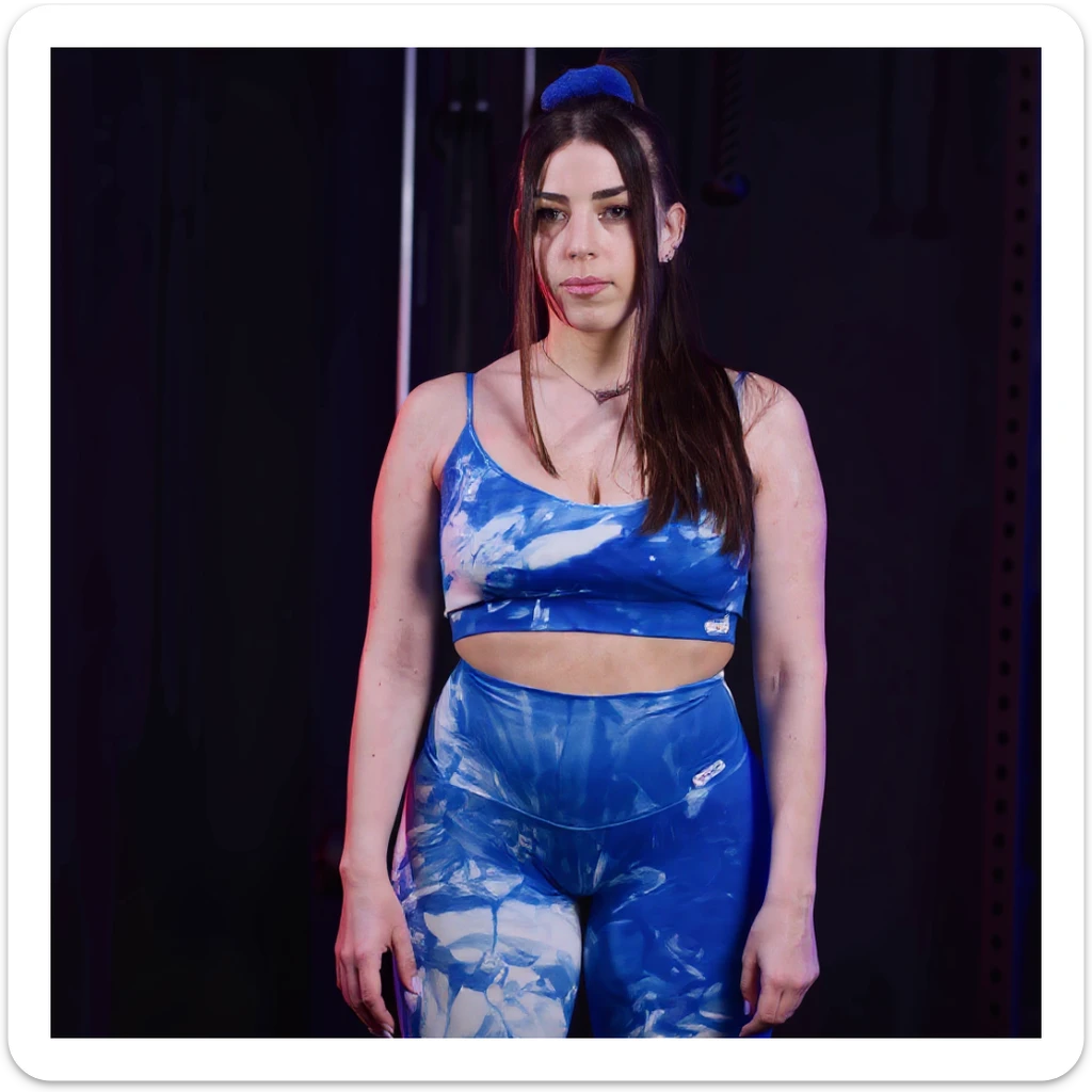 Realistic style image of a woman in sportswear inspired by the two reference photos, showing water retention on the legs with localized swelling on calves and ankles. Clear anatomical details, front view, neutral background, medical realistic appearance. sticker