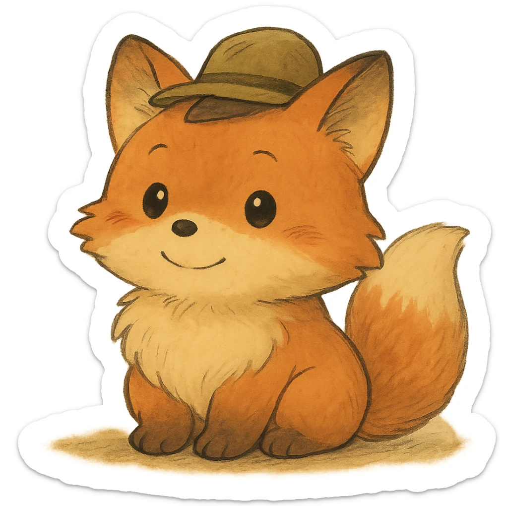 A cute, fluffy fox with a round head in the style of Studio Ghibli, wearing a hat. sticker