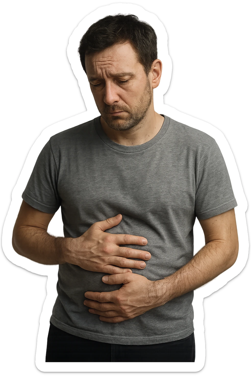 uomo che si guarda allo specchio triste mentre si tocca la pancia, pensieroso, iperrealistico 4k sticker