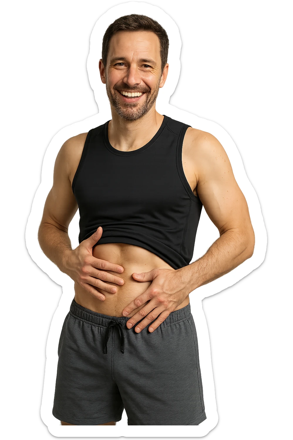 uomo fitness realistico che si tocca la pancia magra felice, iperrealistico 4k sticker