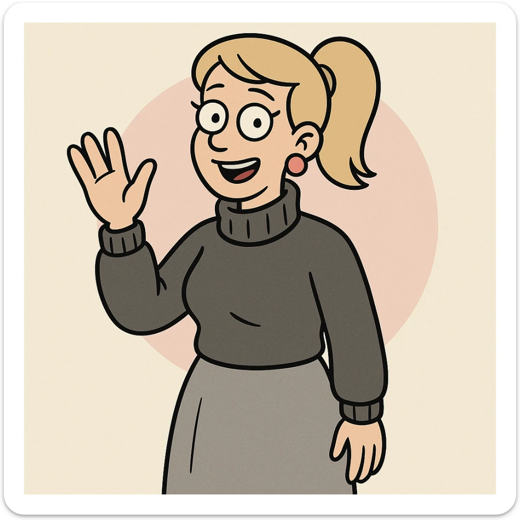 Women Medium Blonde median ponytail hair pink circle earrings Charcoal Athens Merino Wool Roll Neck Jumper Grace skirt a hand say hello sticker