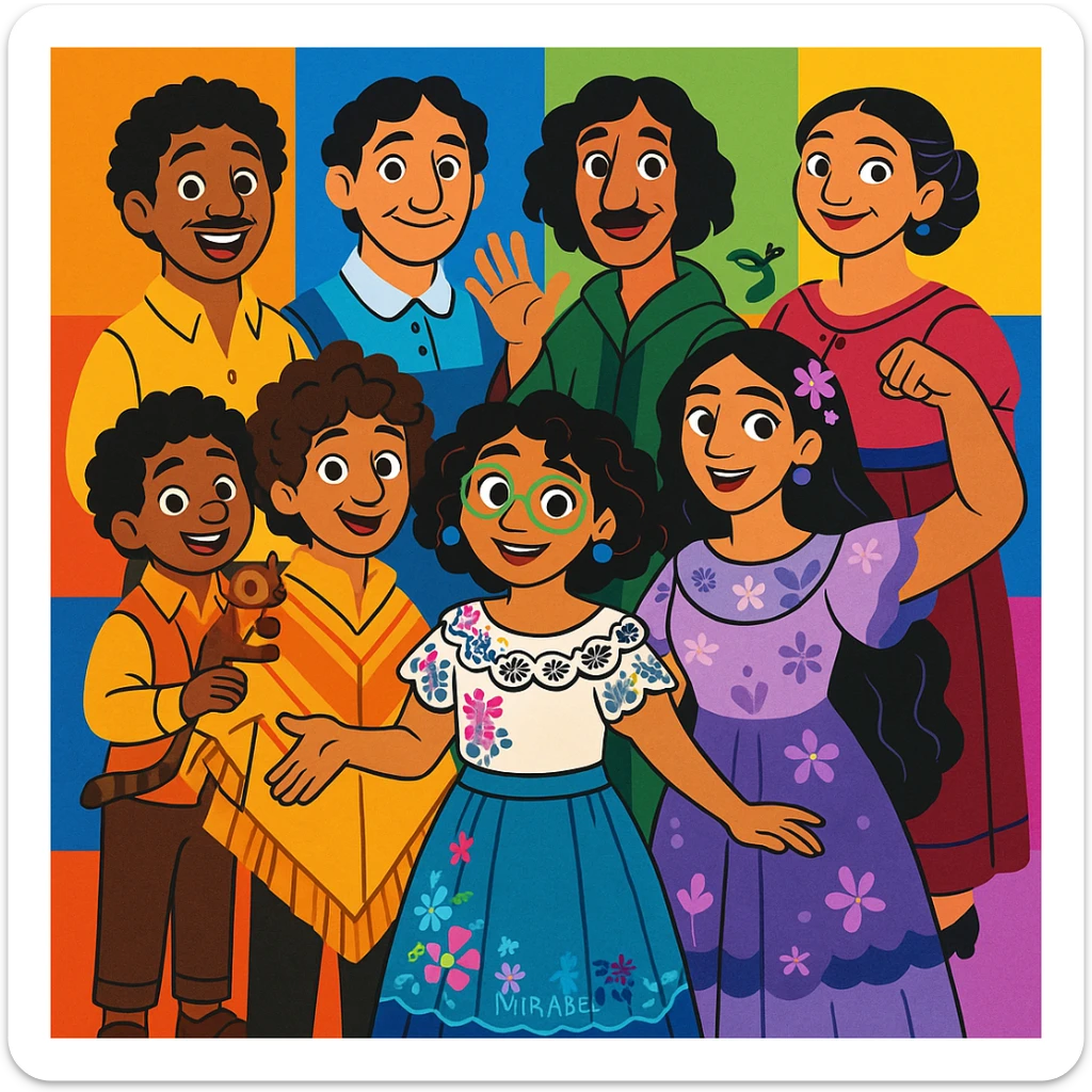 The Madrigal family from Encanto, colorful magical family portrait, vibrant clothing, each character with their unique magical trait, Disney-inspired style sticker