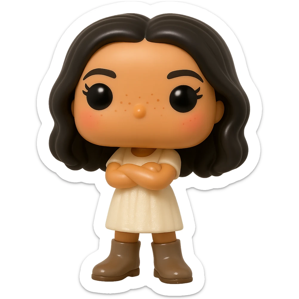 Create a Funko Pop style vinyl figure with superior quality, smooth tanned skin, detailed dark hair, textured feminine cream dress, greige leather boots clearly visible, arms crossed, rosy cheeks, very discreet freckles, eyelashes, mischievous and cheerful expression, no mouth, transparent background. sticker