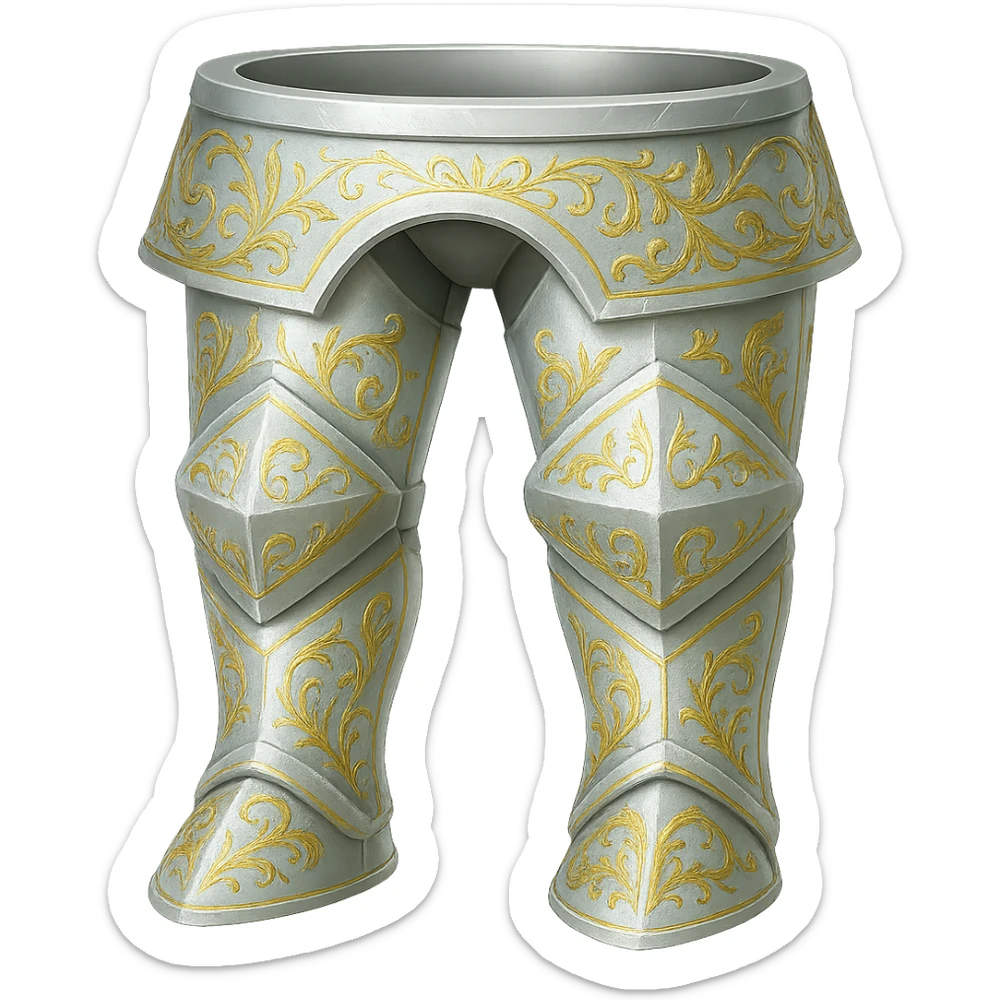 Recolor these platelegs to a very light metallic silver color with ornate gold engravings. Emphasize a bright, reflective silver finish and detailed gold engravings. Transparent background. sticker